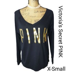 PINK Victoria's Secret Long Sleeve Sleepwear Oversized V-Neck Gold Black XS
